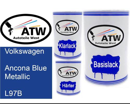 Volkswagen, Ancona Blue Metallic, L97B: 500ml Lackdose + 500ml Klarlack + 250ml Härter - Set, von ATW Autoteile West.